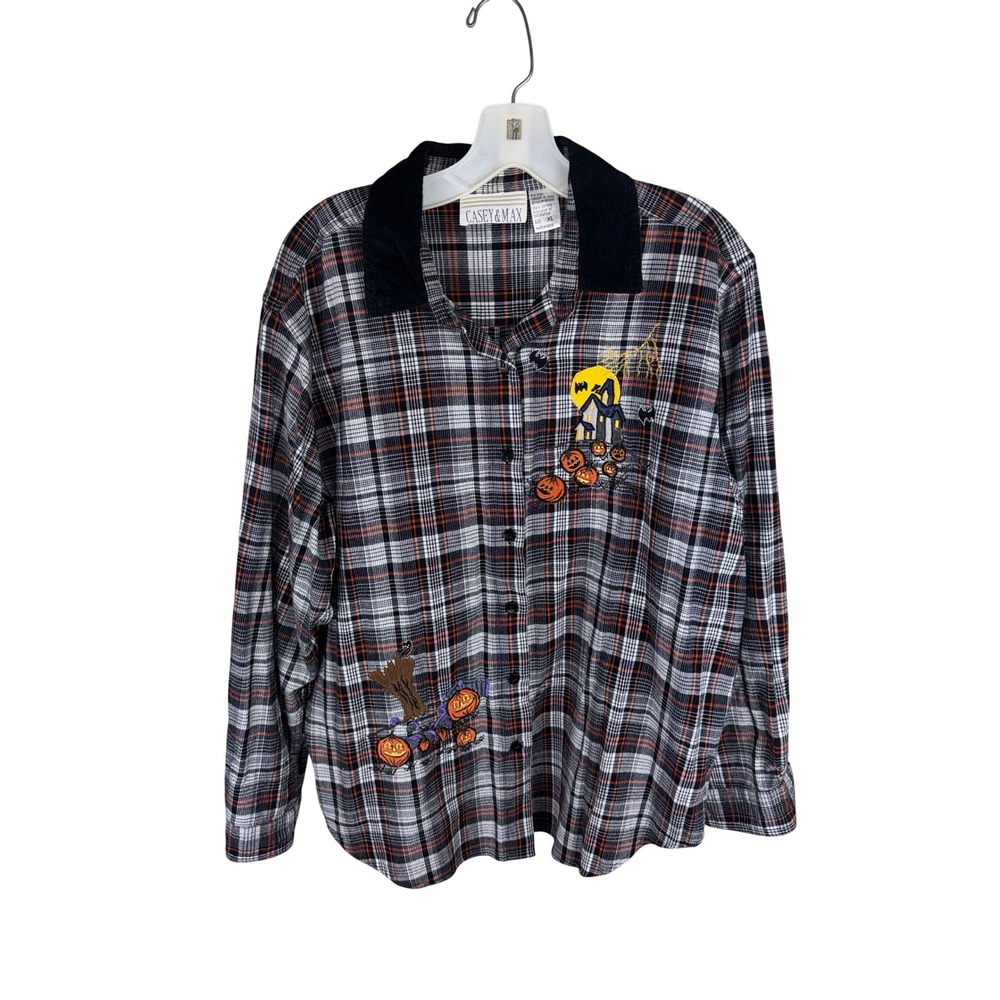 Casey & Max Halloween Plaid Embroidered Shirt XL Black Orange Corduroy Collar